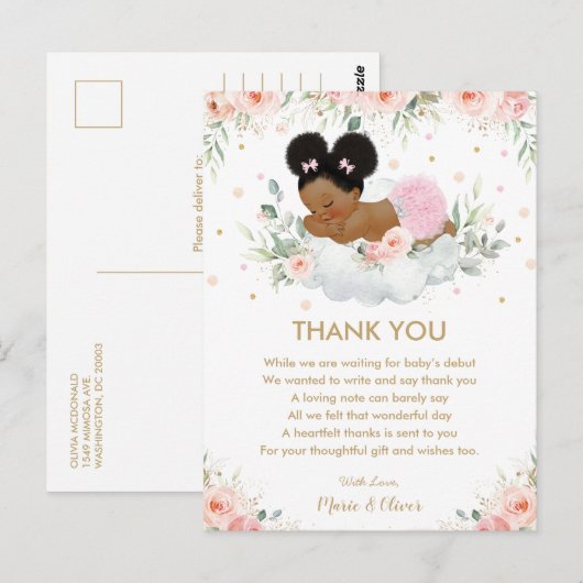 Roze Bloemen Afrikaans Amerikaans Baby shower Verj Briefkaart (Voorkant / Achterkant)