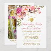 Roze Bloemen Afstudeerfeest Uitnodigen - Foto Teru Kaart (Voorkant / Achterkant)