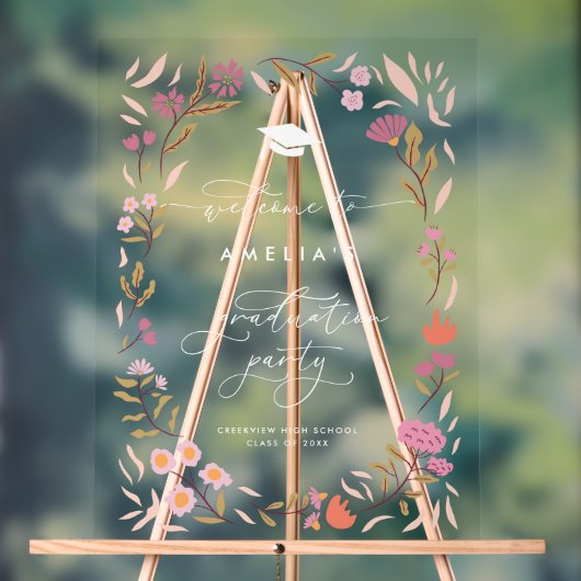 Roze Bloemen Afstuderen Party Sign Acryl Bord (Neutraal)