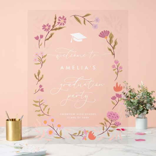 Roze Bloemen Afstuderen Party Sign Acryl Bord (Huwelijk)
