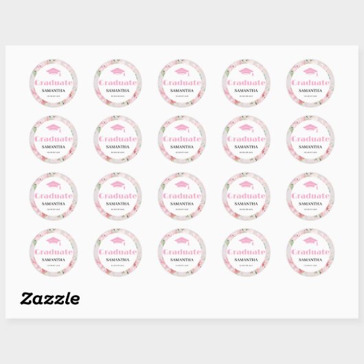 Roze Bloemen Afstuderen Ronde Sticker (Vel)