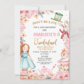 Roze Bloemen Alice In Onederland 1e Verjaardag Kaart (Voorkant)