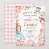 Roze Bloemen Alice In Onederland 1e Verjaardag Kaart (Voorkant / Achterkant)