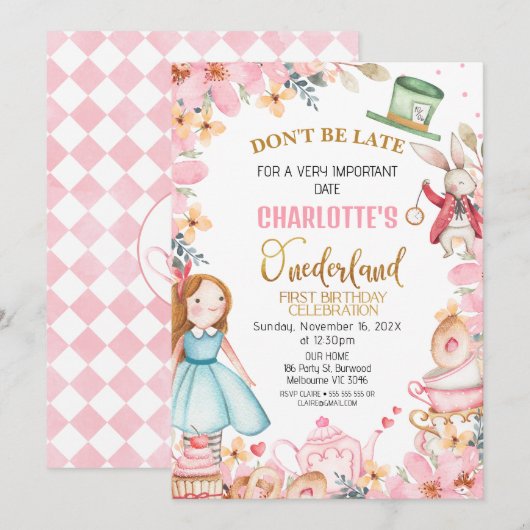 Roze Bloemen Alice In Onederland 1e Verjaardag Kaart (Voorkant / Achterkant)