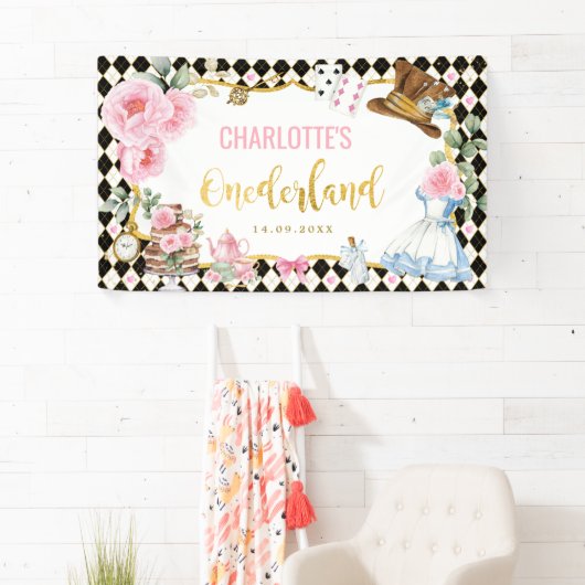 Roze Bloemen Alice in Onederland 1e Verjaardag Spandoek (Insitu)