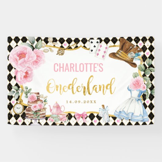 Roze Bloemen Alice in Onederland 1e Verjaardag Spandoek (Horizontaal)