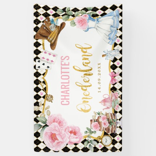 Roze Bloemen Alice in Onederland 1e Verjaardag Spandoek (Verticaal)