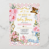 Roze Bloemen Alice in Wonderland Baby shower Folie Uitnodiging (Voorkant)