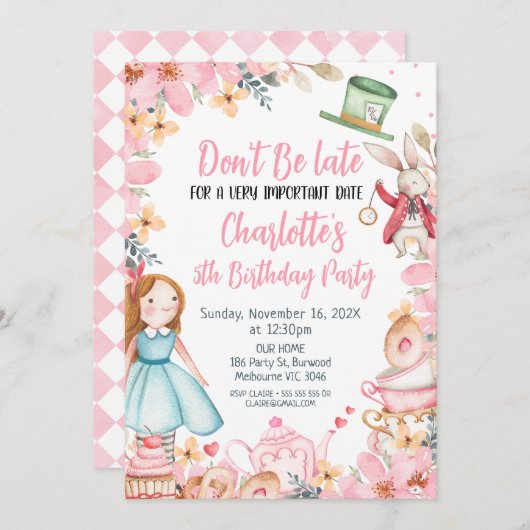 Roze Bloemen Alice In Wonderland Verjaardag Kaart (Voorkant / Achterkant)