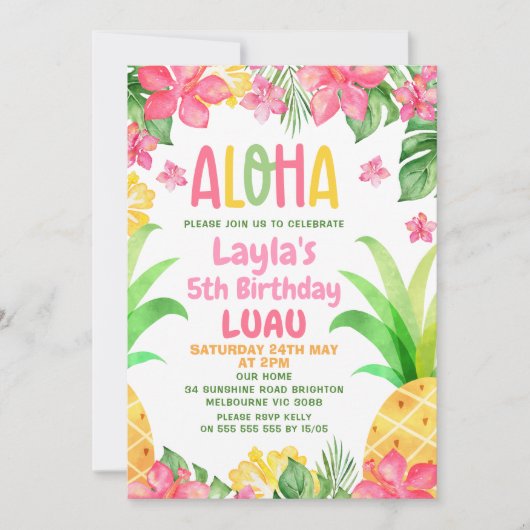 Roze Bloemen Ananas Aloha Luau Verjaardag Kaart (Voorkant)