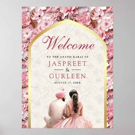 Roze Bloemen Anand Karaj Sikh Bruiloft Welkomstbor Poster (Voorkant)