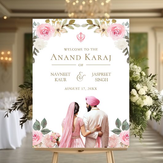 Roze Bloemen Anand Karaj Sikh Bruiloft Welkomstbor Poster