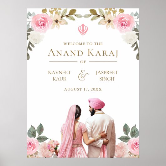 Roze Bloemen Anand Karaj Sikh Bruiloft Welkomstbor Poster (Voorkant)