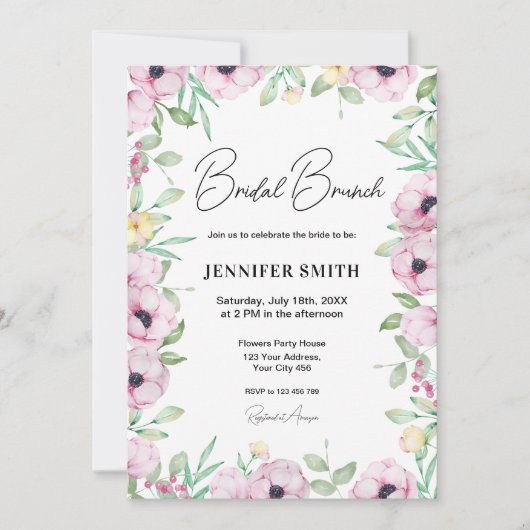Roze Bloemen Anemonen Bridal Brunch Kaart (Voorkant)