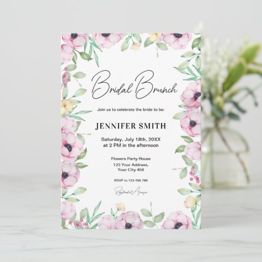 Roze Bloemen Anemonen Bridal Brunch Kaart (Staand voorkant)
