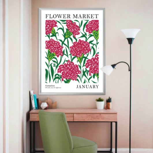 Roze Bloemen Anjer Januari Geboorte Bloemen Markt Poster