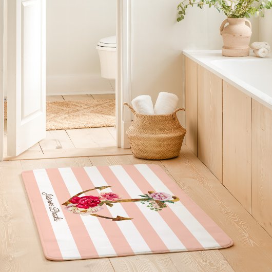 Roze Bloemen Anker Nautische Strepen Aangepaste Na Badmat