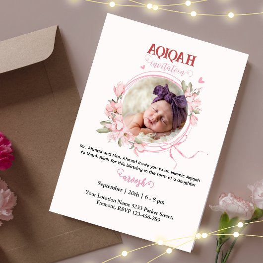 Roze Bloemen Aqeeqah- Aqiqah- Uitnodiging