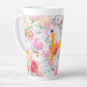 Roze bloemen aquarel monogram latte mok (Linkerhoek)