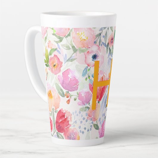 Roze bloemen aquarel monogram latte mok (Linkerhoek)