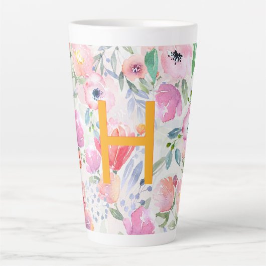 Roze bloemen aquarel monogram latte mok (Voorkant)