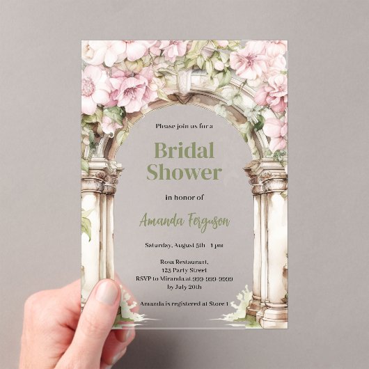Roze bloemen arch beige helder Vrijgezellenfeest Acryl Uitnodigingen (Insitu (Draagbaar))