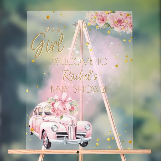 Roze Bloemen Auto Baby shower Welkom Acryl Bord