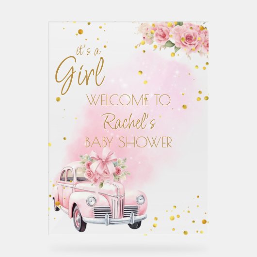 Roze Bloemen Auto Baby shower Welkom Acryl Bord (Voorkant)