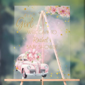 Roze Bloemen Auto Baby shower Welkom Acryl Bord (Neutraal)