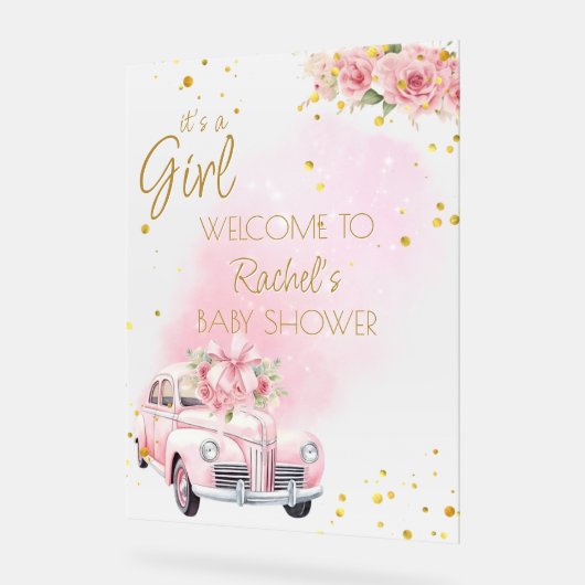 Roze Bloemen Auto Baby shower Welkom Acryl Bord (Hoek)