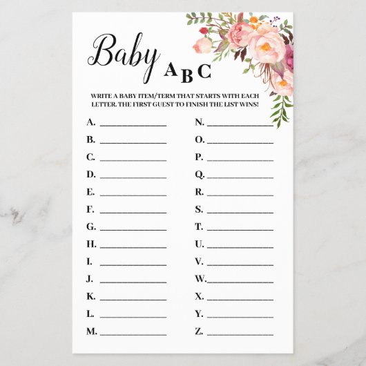 Roze bloemen Baby ABC Baby shower Game Kaart (Voorkant)