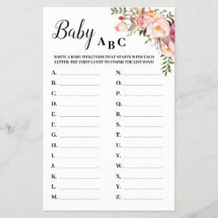 Roze Bloemen Baby ABC Baby Shower Spelkaart Flyer