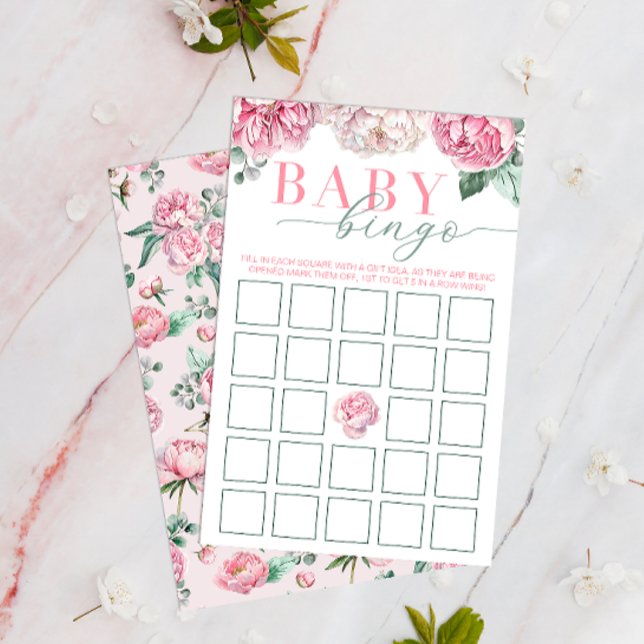 Roze Bloemen Baby Bingo Baby shower Activiteit (Floral Peony Roses - Baby Shower Bingo Activity Game)