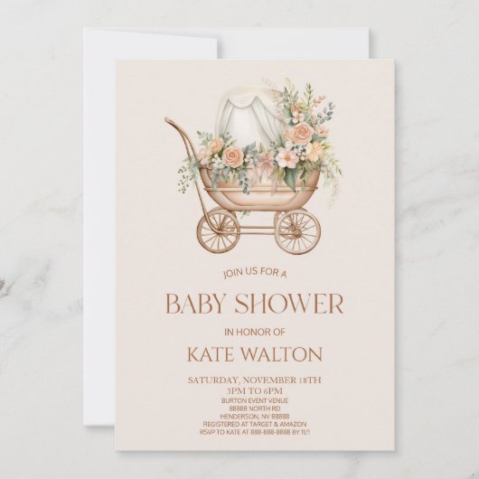 Roze Bloemen  Baby Carriage Baby shower Kaart (Voorkant)