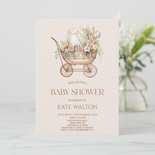 Roze Bloemen  Baby Carriage Baby shower Kaart (Staand voorkant)