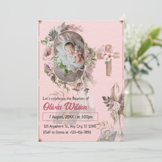 Roze Bloemen Baby Doop Uitnodiging | Modern Minim (Staand voorkant)