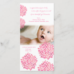 Roze bloemen Baby geboorte Fotokaart Bedankkaart