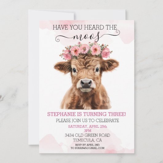 Roze Bloemen Baby Highland Koe Verjaardag Kaart (Voorkant)