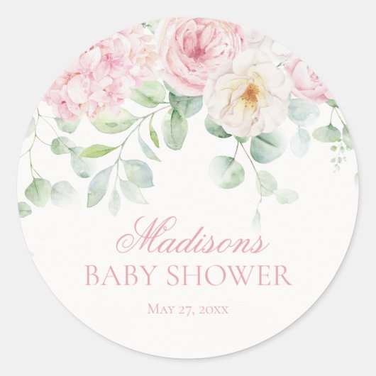 Roze Bloemen Baby in Bloom Baby shower Uitnodigen Ronde Sticker (Voorkant)