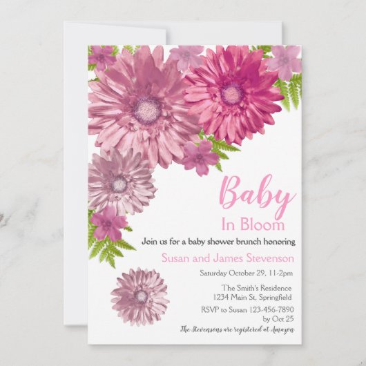 Roze Bloemen Baby in Bloom Brunch Douche Kaart (Voorkant)