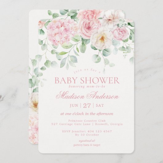 Roze Bloemen Baby in Bloom Hydrangea Baby shower Kaart (Voorkant / Achterkant)