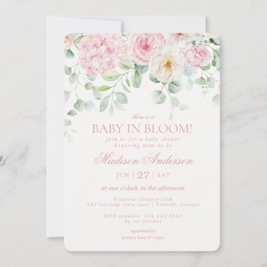 Roze Bloemen Baby in Bloom Hydrangea Baby shower Kaart (Voorkant)