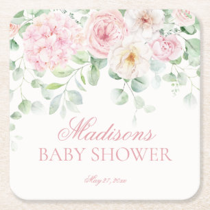 Roze Bloemen Baby in Bloom Hydrangea Baby shower Kartonnen Onderzetters
