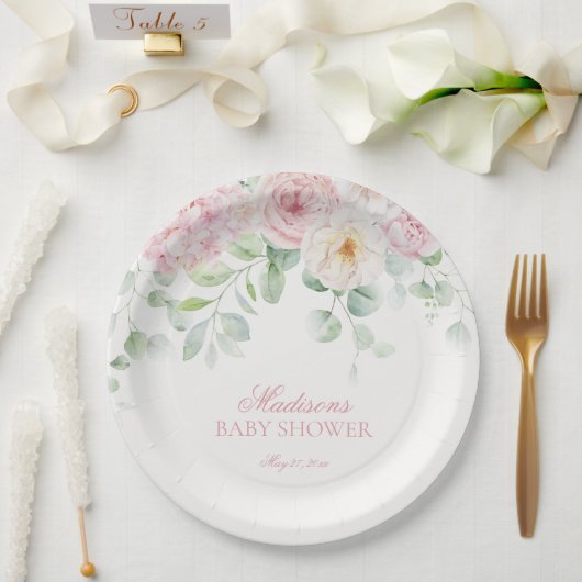 Roze Bloemen Baby in Bloom Hydrangea Baby shower Papieren Bordje (Huwelijk)