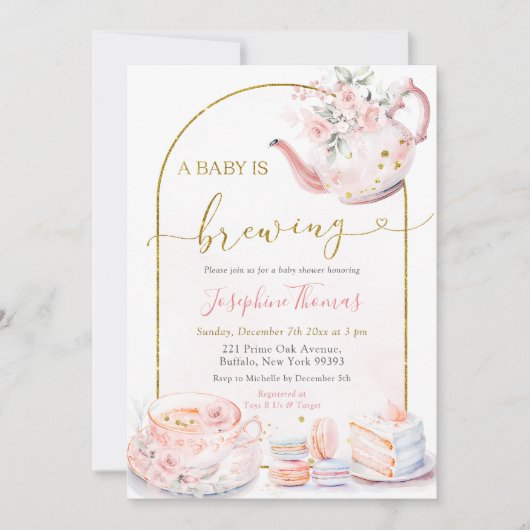 Roze Bloemen Baby is Brouwen Tea Party Baby shower Kaart (Voorkant)