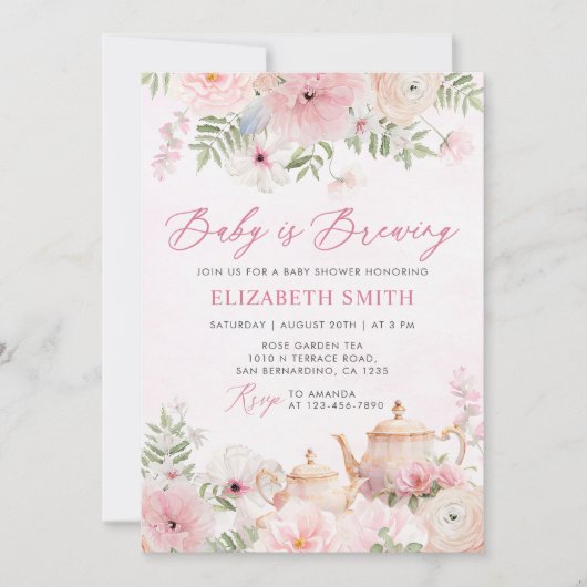 Roze Bloemen Baby is Brouwen Tea Party Baby shower Kaart (Voorkant)