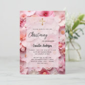 Roze bloemen baby meisje doopsel kaart (Staand voorkant)