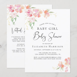 Roze Bloemen Baby Meisje Douche met Virtual Option Kaart