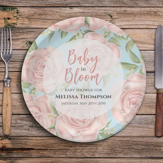 Roze Bloemen Baby Meisje Douche Papieren Bordje
