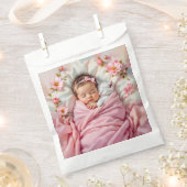 Roze Bloemen Baby Meisje en Witte Kitten Bedankzakje (Geknipt)